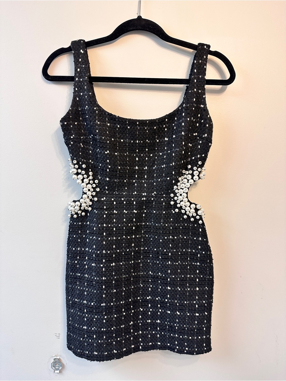 Zara Black Tweed Pearl Cutout Mini Dress XS